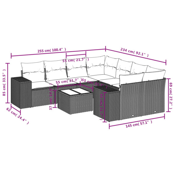 9 pcs conjunto sofás p/ jardim com almofadões vime PE cinzento M 3