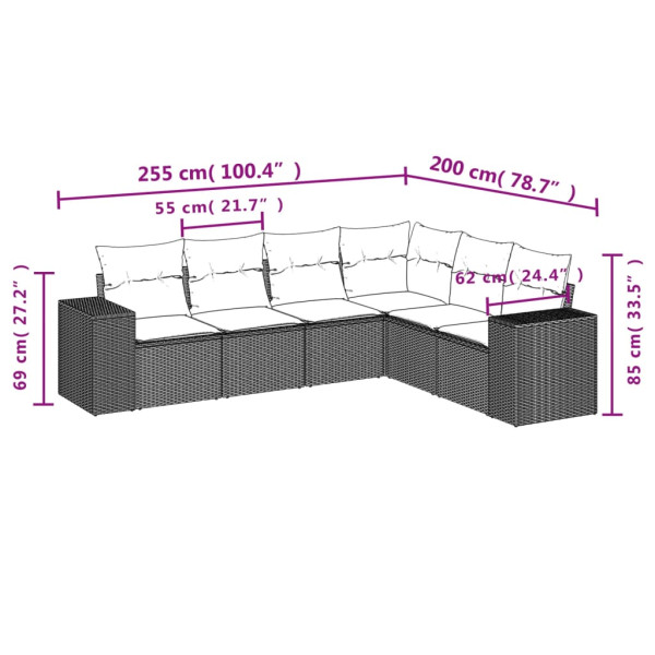 6 pcs conjunto sofás de jardim com almofadões vime cinzento M 3