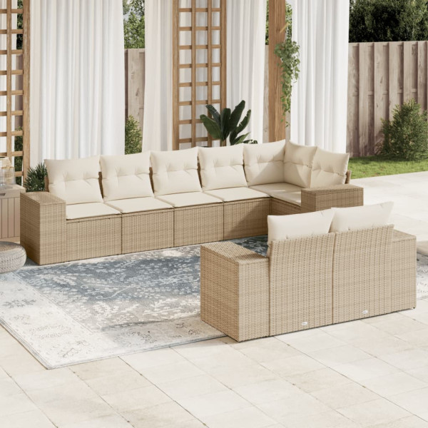 8 pcs conjunto de sofás p/ jardim com almofadões vime PE bege D