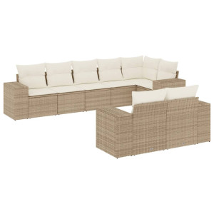 8 pcs conjunto de sofás p/ jardim com almofadões vime PE bege H