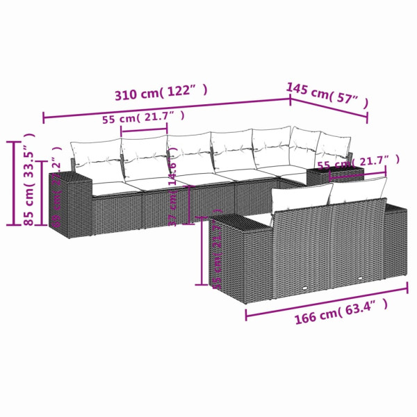 Set de sofás de jardín 8 pzas y cojines ratán sintético gris M 3