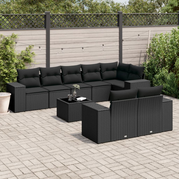 9 pcs conjunto de sofás p/ jardim c/ almofadões vime PE preto D