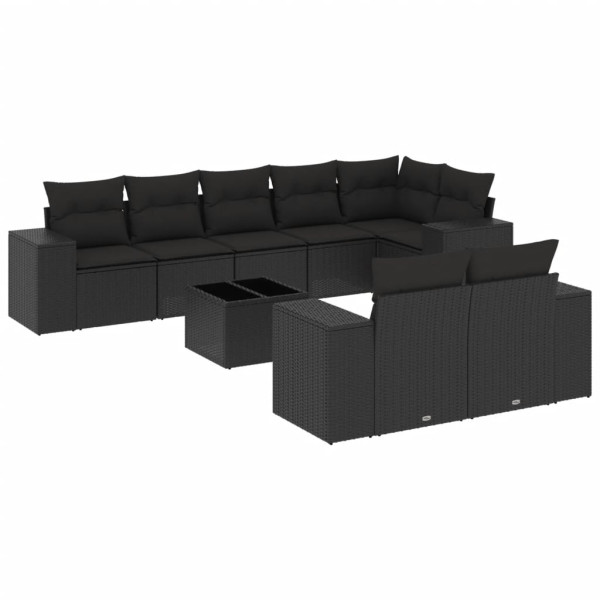 9 pcs conjunto de sofás p/ jardim c/ almofadões vime PE preto M 2