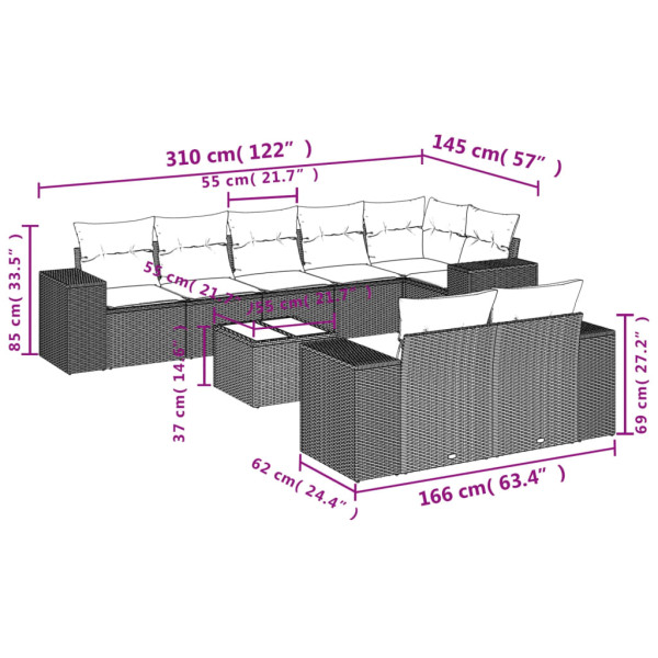 9 pcs conjunto de sofás p/ jardim c/ almofadões vime PE preto M 3