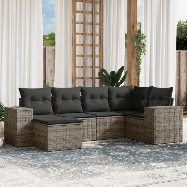 Set de muebles de jardín 6 pzas y cojines ratán sintético gris D