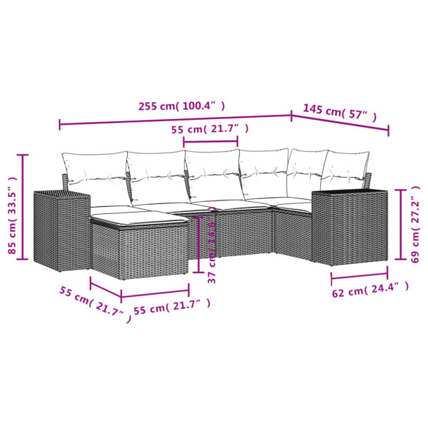 6 pcs conjunto sofás de jardim com almofadões vime cinzento M 3