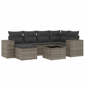 7 pcs conjunto sofás p/ jardim c/ almofadões vime PE cinzento H