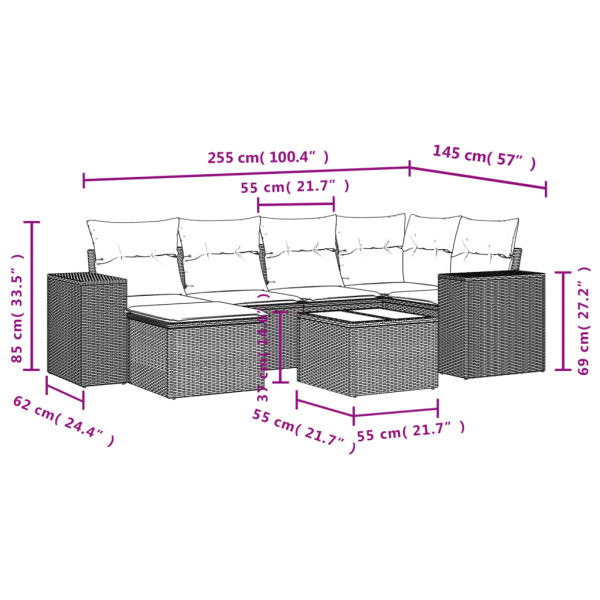 7 pcs conjunto sofás p/ jardim c/ almofadões vime PE cinzento M 3