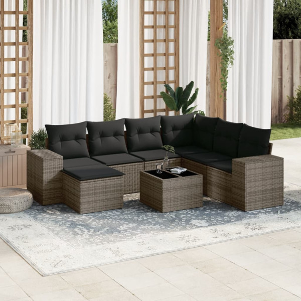 8 pcs conjunto sofás de jardim c/ almofadões vime PE cinzento D