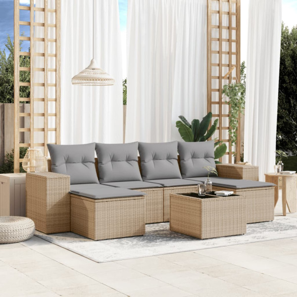 7 pcs conjunto de sofás p/ jardim com almofadões vime PE bege D