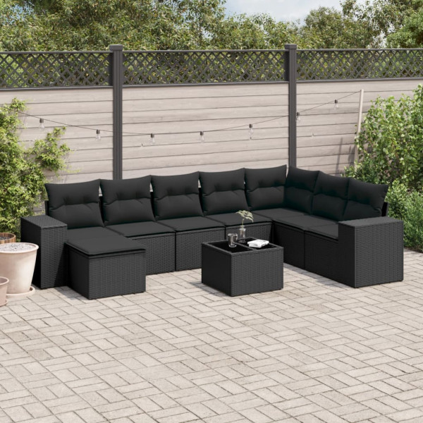 9 pcs conjunto de sofás p/ jardim c/ almofadões vime PE preto D