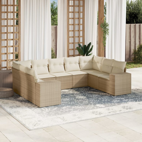 Set de sofás de jardín 9 pzas con cojines ratán sintético beige D