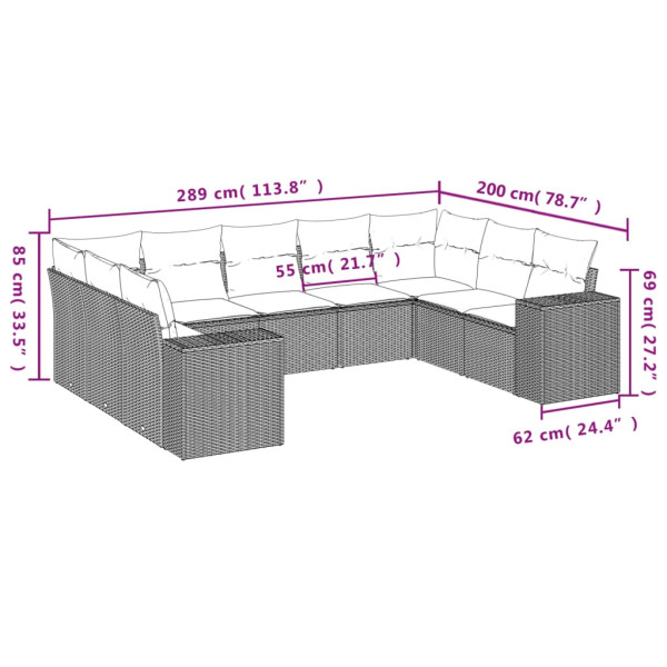 9 pcs conjunto de sofás p/ jardim com almofadões vime PE bege M 3