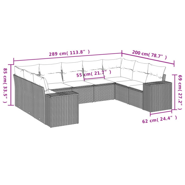 9 pcs conjunto sofás p/ jardim com almofadões vime PE cinzento M 3