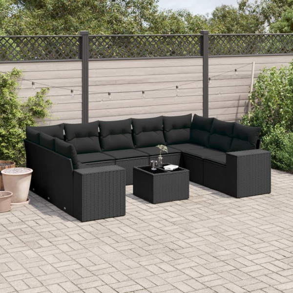 10 pcs conjunto sofás de jardim c/ almofadões vime PE preto D