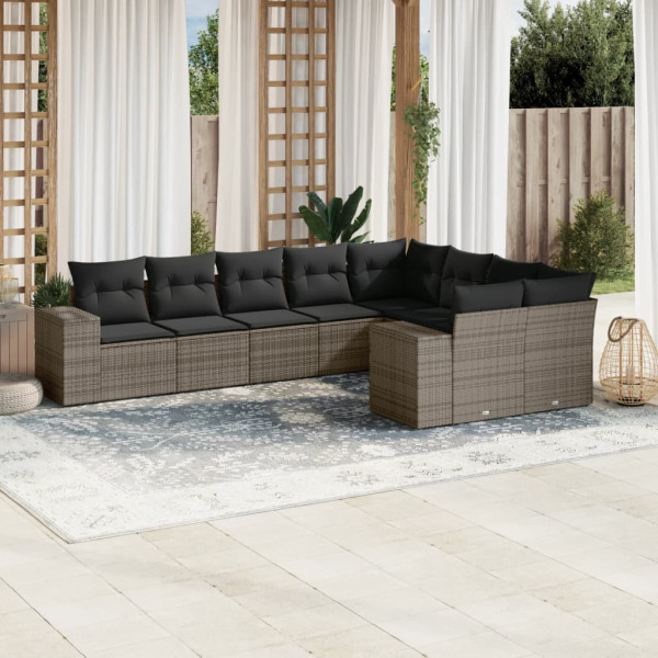 Set de muebles de jardín 9 pzas y cojines ratán sintético gris D