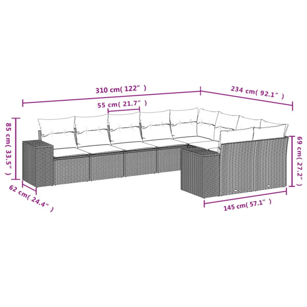 Set de muebles de jardín 9 pzas y cojines ratán sintético gris M 3