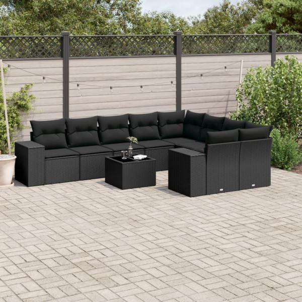 10 pcs conjunto sofás de jardim c/ almofadões vime PE preto D