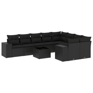 10 pcs conjunto sofás de jardim c/ almofadões vime PE preto H