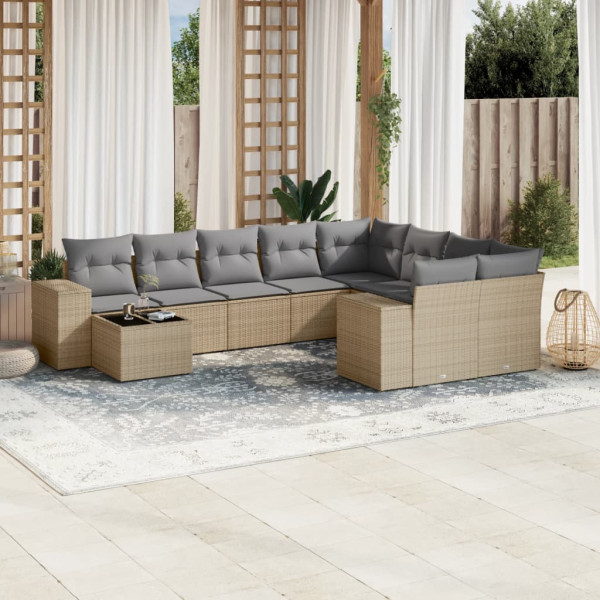 10 pcs conjunto de sofás p/ jardim com almofadões vime PE bege D