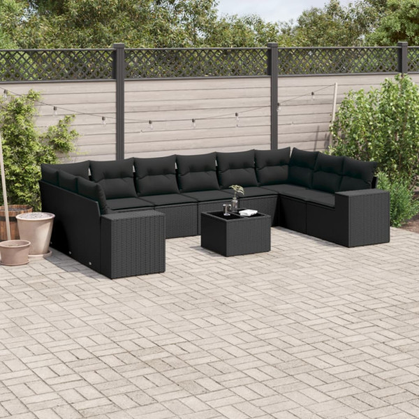11 pcs conjunto sofás de jardim c/ almofadões vime PE preto D