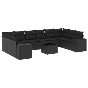 11 pcs conjunto sofás de jardim c/ almofadões vime PE preto H