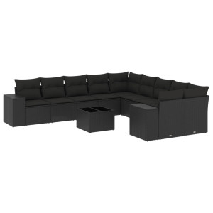 11 pcs conjunto sofás de jardim c/ almofadões vime PE preto H