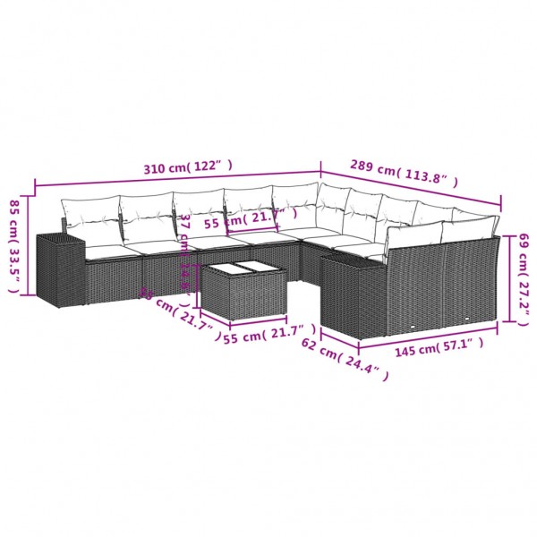 Set de sofás de jardín 11 pzas y cojines ratán sintético negro M 3