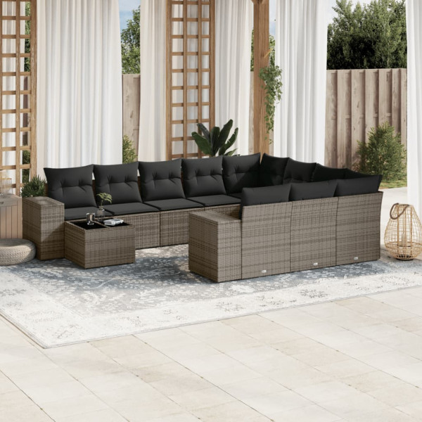 11 pcs conjunto sofás de jardim c/ almofadões vime PE cinzento D