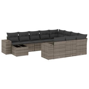 11 pcs conjunto sofás de jardim c/ almofadões vime PE cinzento H