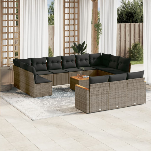 Set de sofás de jardín 14 pzas con cojines ratán sintético gris D