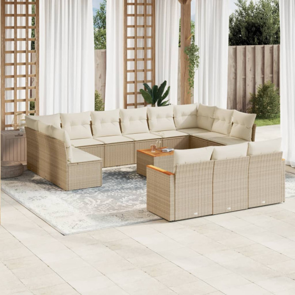 Set sofás de jardín 14 pzas con cojines ratán sintético beige D