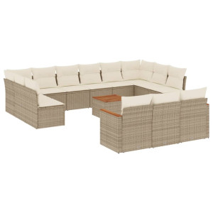 14 pcs conjunto de sofás p/ jardim com almofadões vime PE bege H