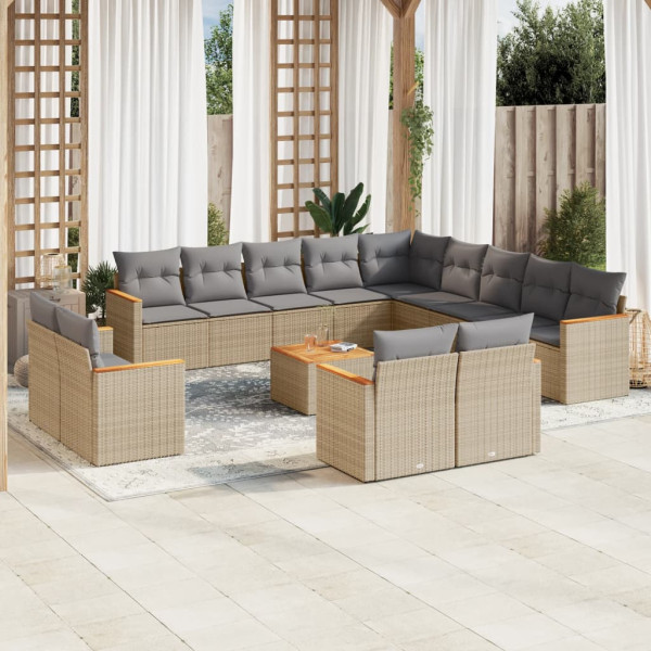 Set sofás jardín 14 pzas y cojines ratán sintético beige mezcla D