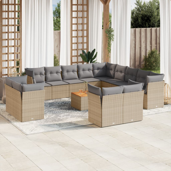 14 pcs conj. sofás jardim c/ almofadões vime PE bege misturado D