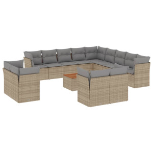 14 pcs conj. sofás jardim c/ almofadões vime PE bege misturado H