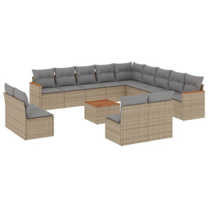 14 pcs conj. sofás jardim c/ almofadões vime PE bege misturado H