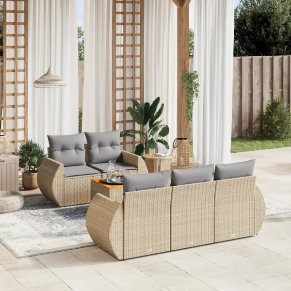 Juego de sofás jardín con cojines 6 pzas ratán sintético beige D