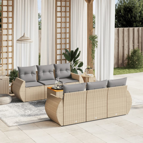 Set sofás de jardín 7 piezas y cojines ratán sintético beige D
