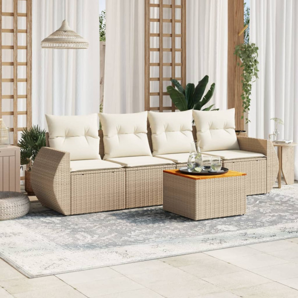 5 pcs conjunto de sofás p/ jardim com almofadões vime PE bege D