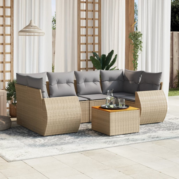 Set sofás de jardín 7 piezas y cojines ratán sintético beige D