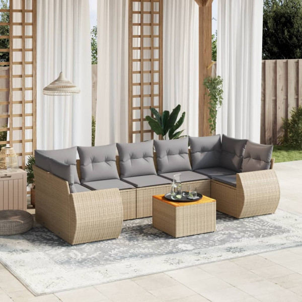 8 pcs conjunto de sofás p/ jardim com almofadões vime PE bege D