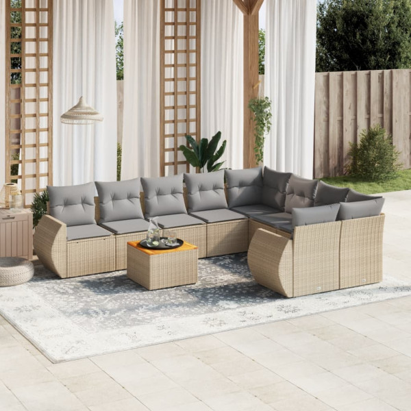 Set de sofás de jardín 9 pzas con cojines ratán sintético beige D