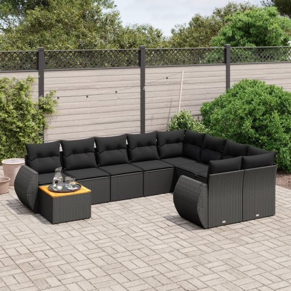 10 pcs conjunto sofás de jardim c/ almofadões vime PE preto D