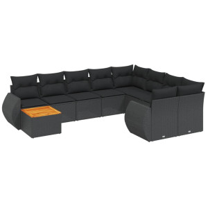 10 pcs conjunto sofás de jardim c/ almofadões vime PE preto H