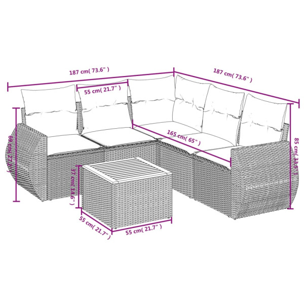 6 pcs conjunto sofás de jardim c/ almofadões vime PE preto M 3