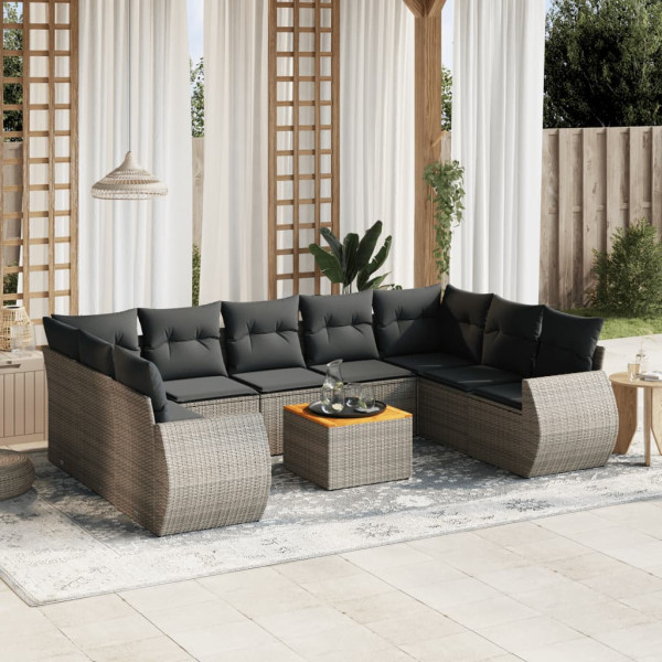 10 pcs conjunto sofás de jardim c/ almofadões vime PE cinzento D