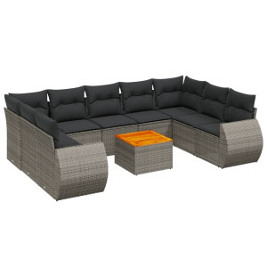 10 pcs conjunto sofás de jardim c/ almofadões vime PE cinzento H