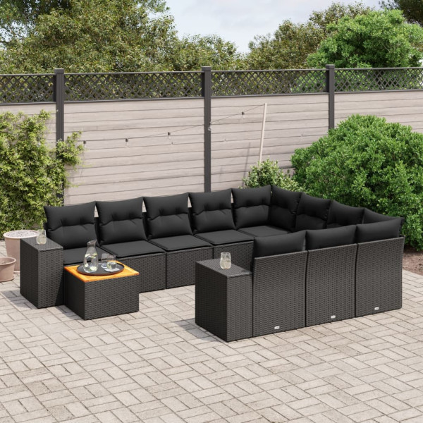11 pcs conjunto sofás de jardim c/ almofadões vime PE preto D