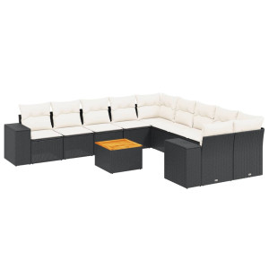 11 pcs conjunto sofás de jardim c/ almofadões vime PE preto H